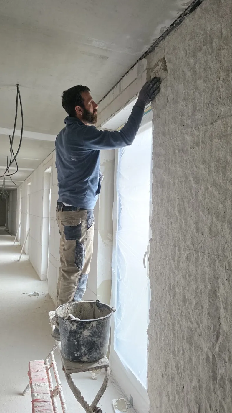 Dämmarbeiten mit Multipur an einer Innenwand neben einem Fenster
